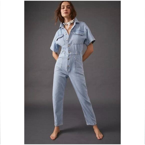 Free People We The Free Boho Light Denim Coverall Jumpsuit Defined Waist Women S - Picture 4 of 16